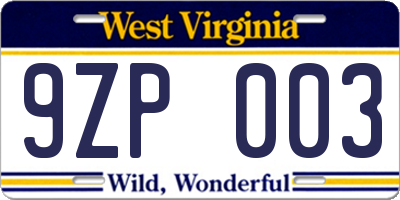 WV license plate 9ZP003