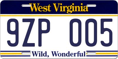 WV license plate 9ZP005