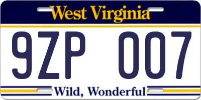 WV license plate 9ZP007