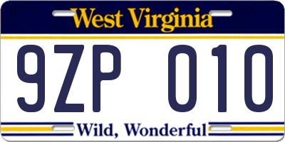 WV license plate 9ZP010