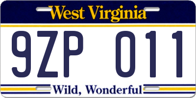 WV license plate 9ZP011