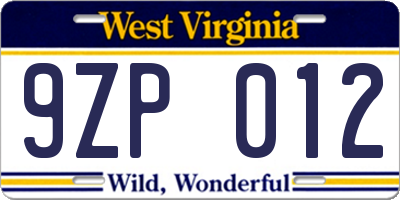 WV license plate 9ZP012