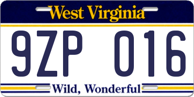 WV license plate 9ZP016
