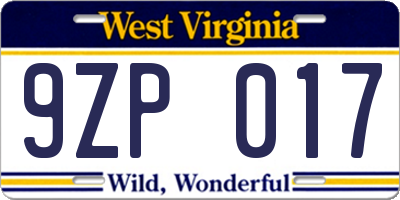 WV license plate 9ZP017