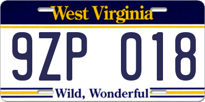 WV license plate 9ZP018