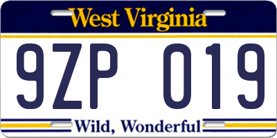 WV license plate 9ZP019