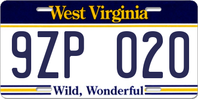 WV license plate 9ZP020