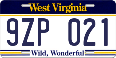 WV license plate 9ZP021
