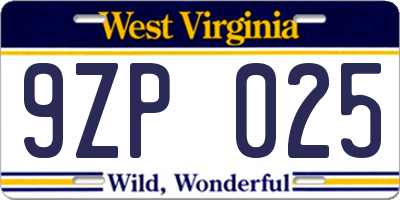 WV license plate 9ZP025