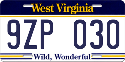 WV license plate 9ZP030