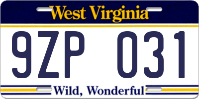 WV license plate 9ZP031