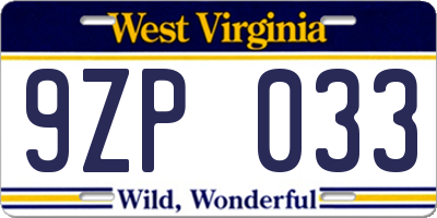 WV license plate 9ZP033
