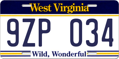 WV license plate 9ZP034
