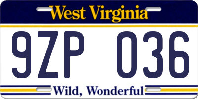 WV license plate 9ZP036