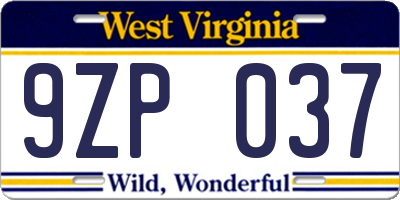 WV license plate 9ZP037