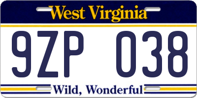 WV license plate 9ZP038