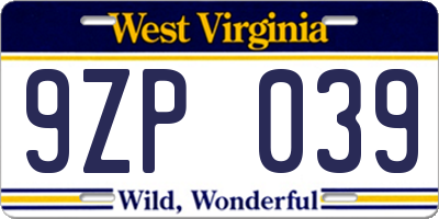 WV license plate 9ZP039
