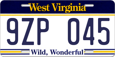 WV license plate 9ZP045
