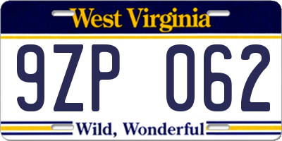 WV license plate 9ZP062