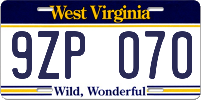 WV license plate 9ZP070