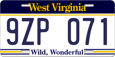 WV license plate 9ZP071