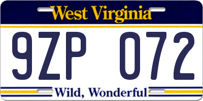 WV license plate 9ZP072