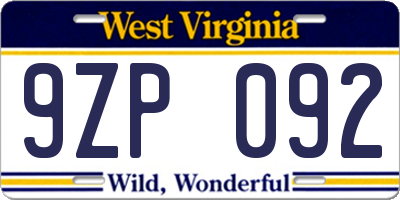WV license plate 9ZP092
