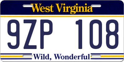 WV license plate 9ZP108