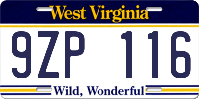 WV license plate 9ZP116