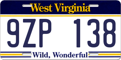 WV license plate 9ZP138