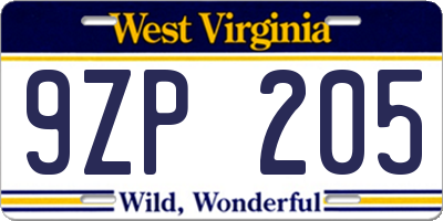 WV license plate 9ZP205