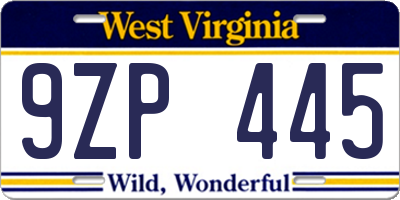 WV license plate 9ZP445