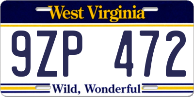 WV license plate 9ZP472