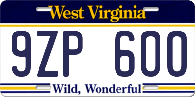 WV license plate 9ZP600