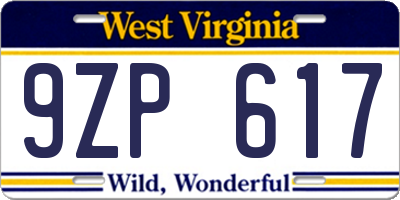 WV license plate 9ZP617