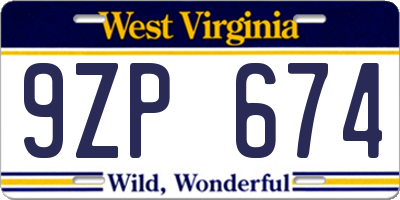 WV license plate 9ZP674