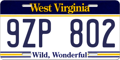 WV license plate 9ZP802