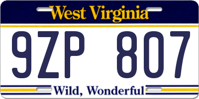 WV license plate 9ZP807