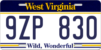 WV license plate 9ZP830