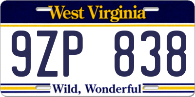 WV license plate 9ZP838