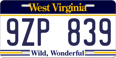 WV license plate 9ZP839