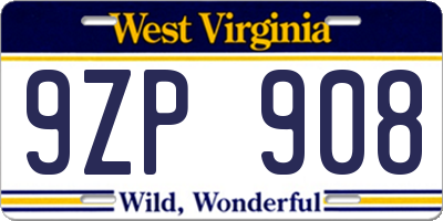WV license plate 9ZP908