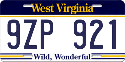 WV license plate 9ZP921