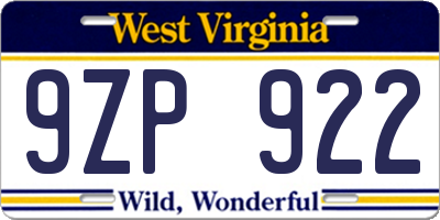 WV license plate 9ZP922