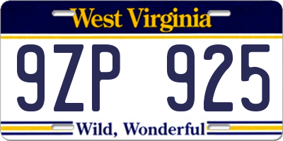 WV license plate 9ZP925
