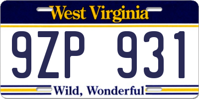 WV license plate 9ZP931