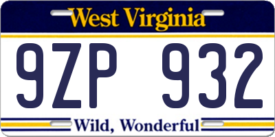 WV license plate 9ZP932