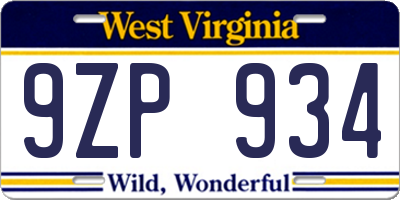 WV license plate 9ZP934