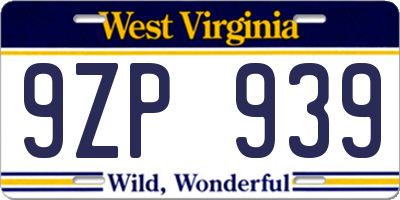 WV license plate 9ZP939
