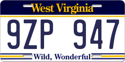 WV license plate 9ZP947